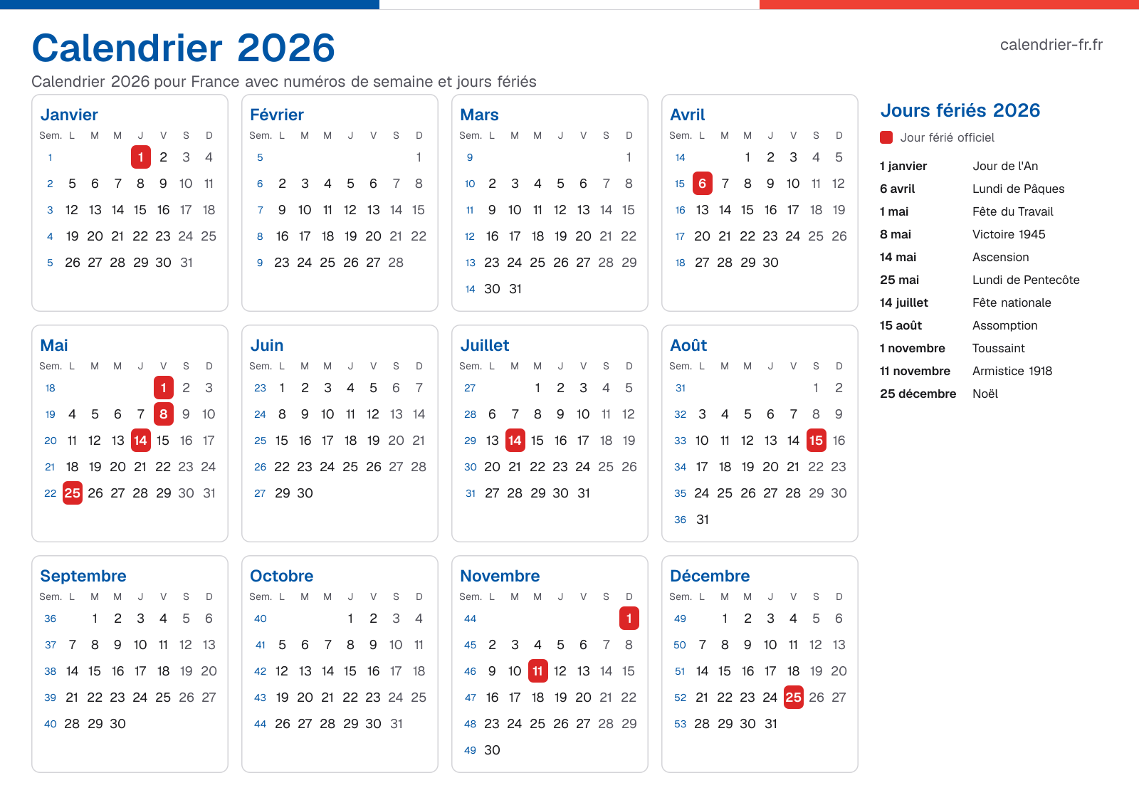 Calendrier 2026 avec numéros de semaine et jours fériés