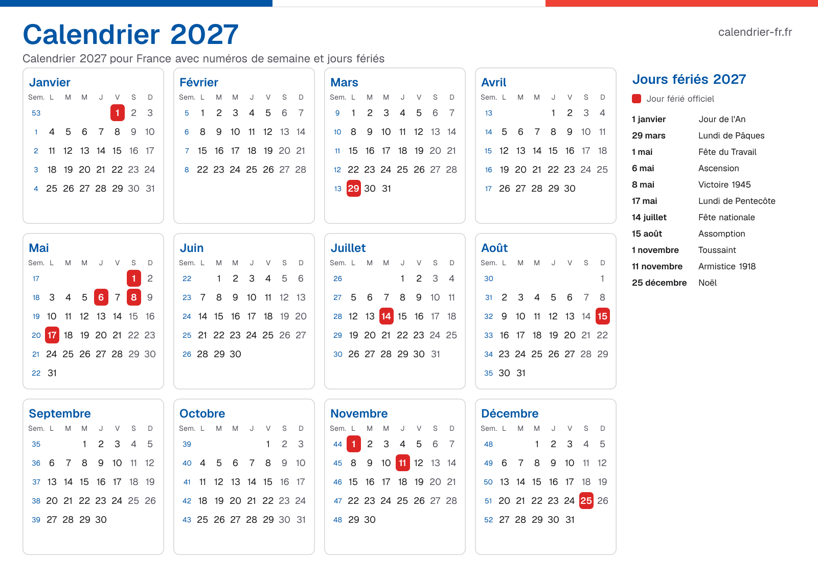 Calendrier 2027 avec numéros de semaine et jours fériés