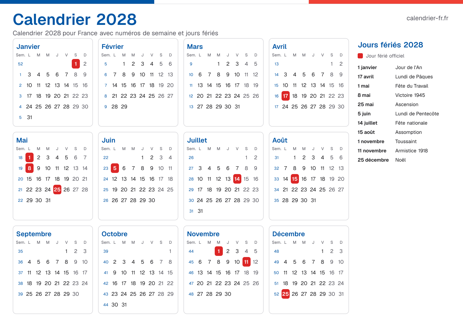 Calendrier 2028 avec numéros de semaine et jours fériés