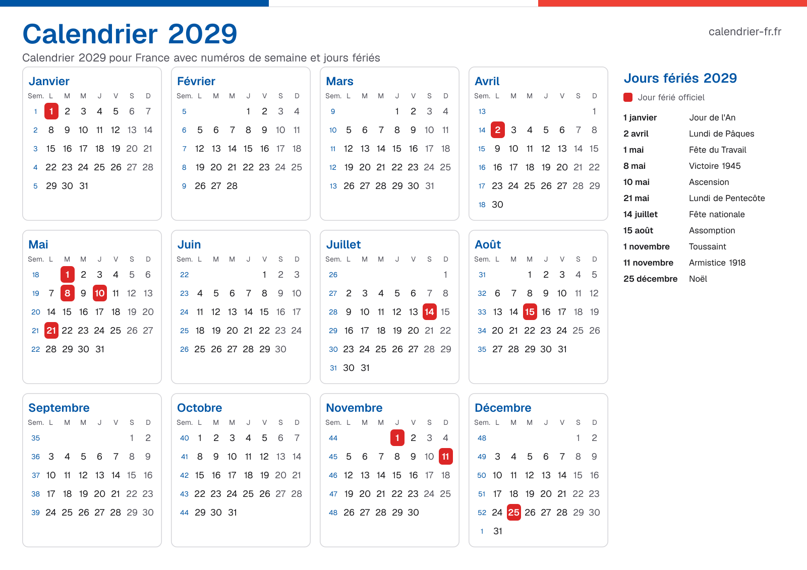 Calendrier 2029 avec numéros de semaine et jours fériés