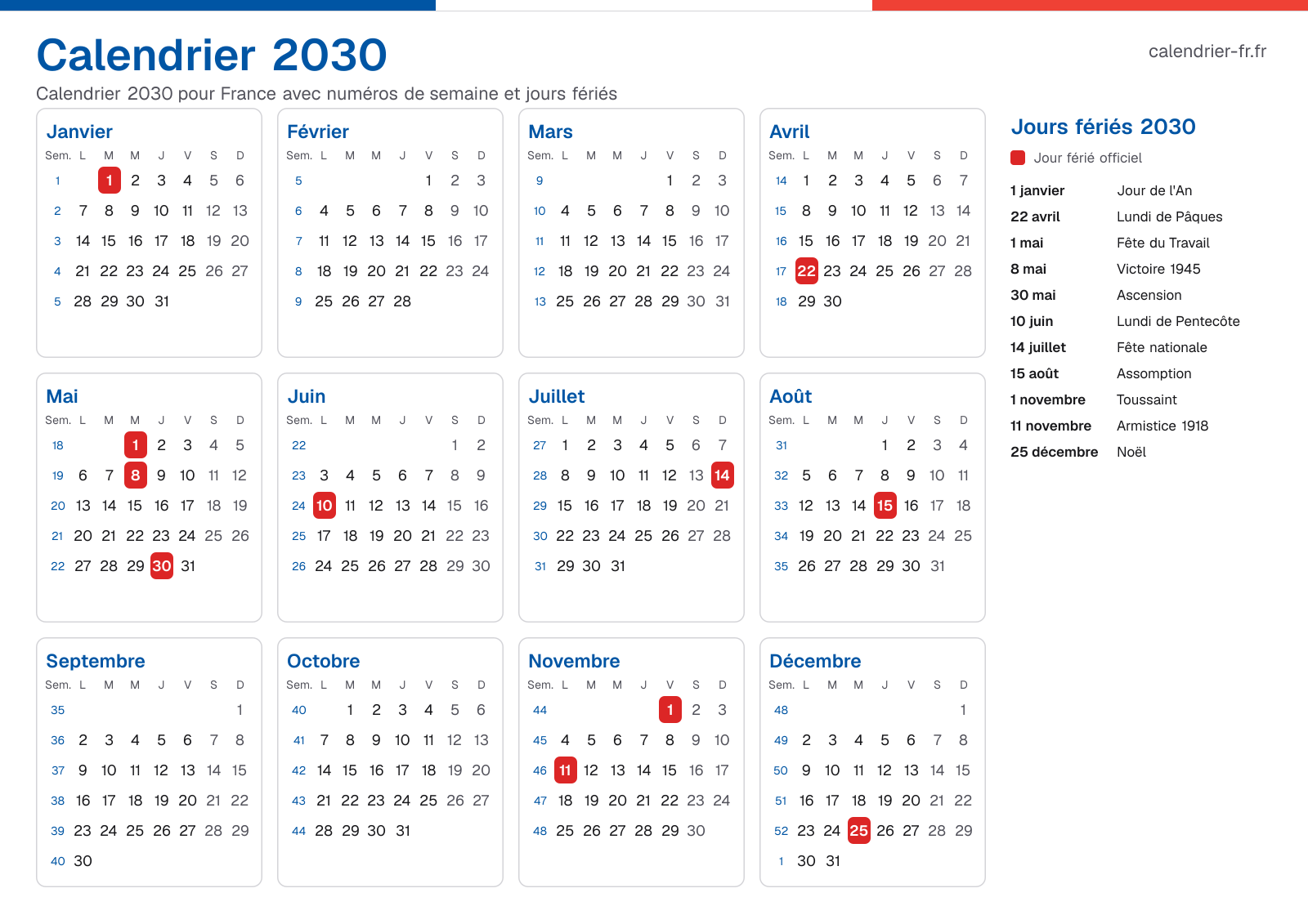 Calendrier 2030 avec numéros de semaine et jours fériés