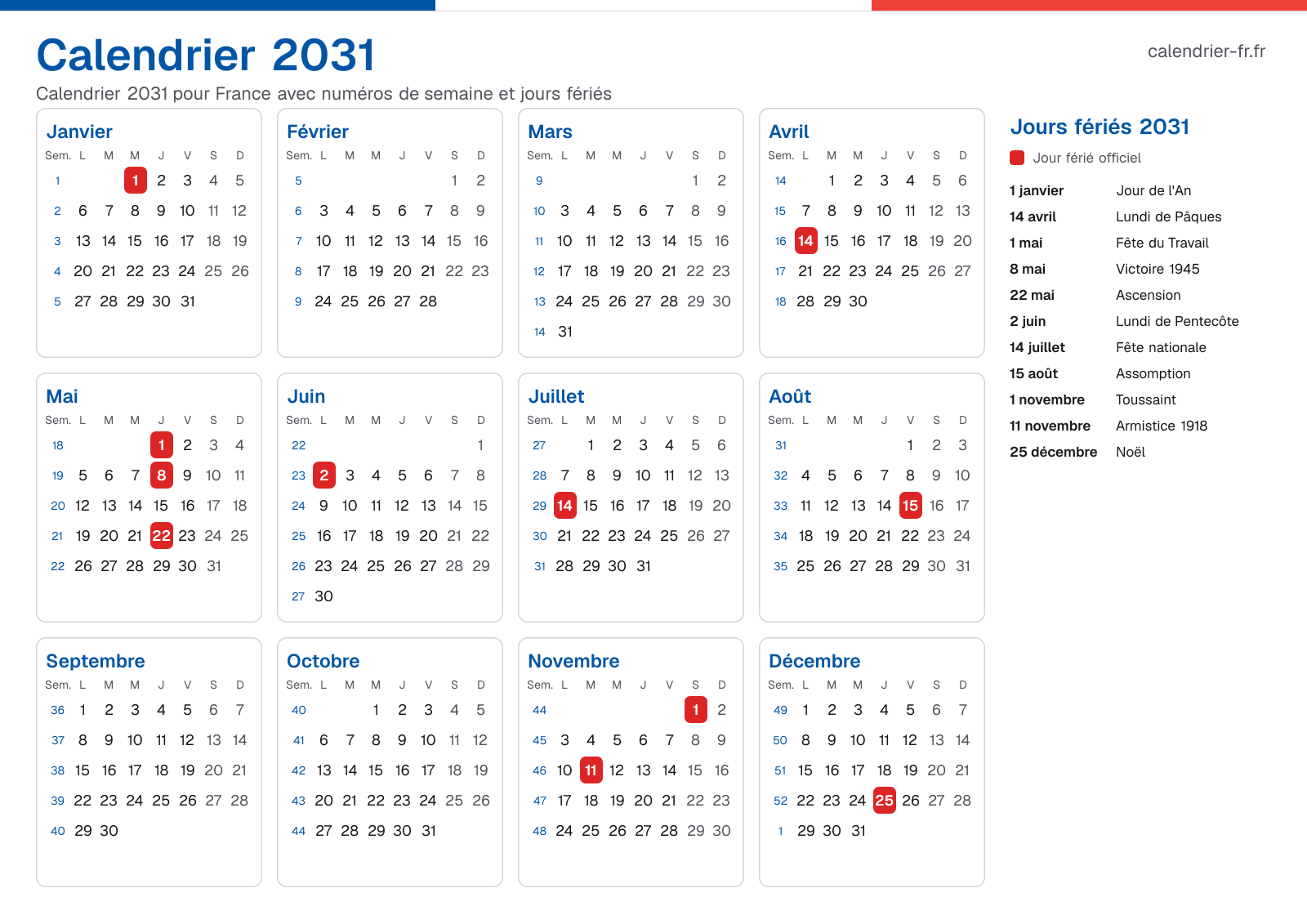 Calendrier 2031 avec numéros de semaine et jours fériés